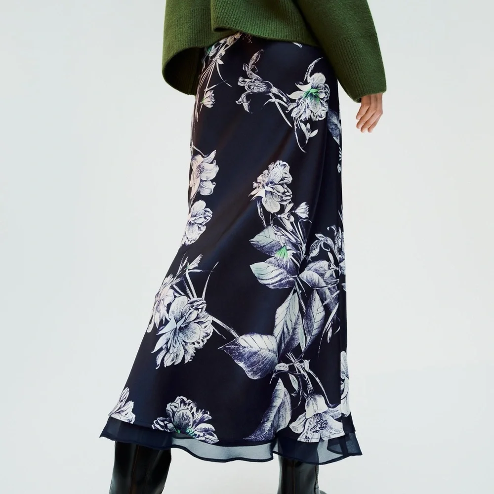 ZARA Floral Navy Silk Blue Skirt